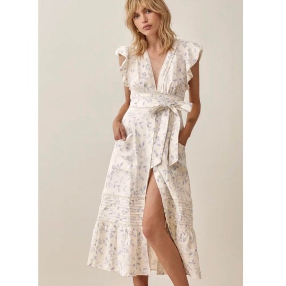 NEW Reformation Lili Ruffle Linen Midi Dress in Ivory/Blue - size 12 #770